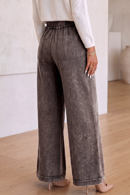 Coffee Mineral Wash Seam Detail Flare Leg Drawstring Pants