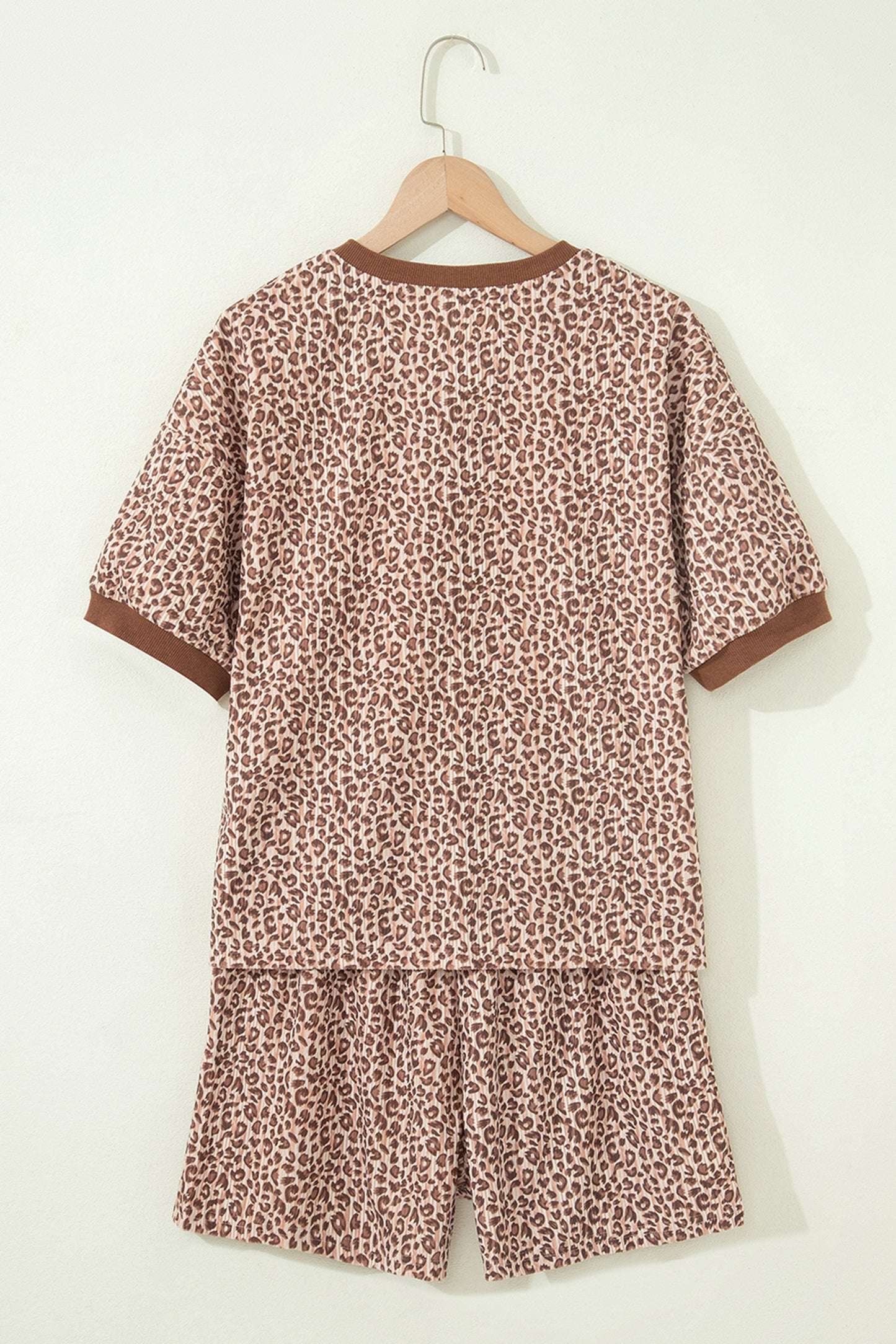 Brown Leopard Print Ribbed Patchwork Half Button Loose Tee Elastic Waist Short 2pcs Set