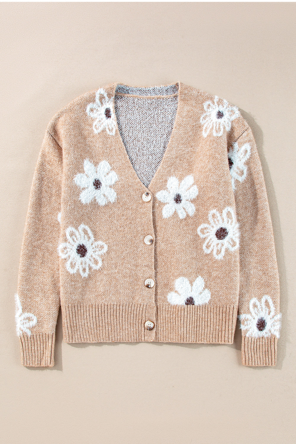 Cardigan boutonné en tricot à col en V et imprimé floral gris fumé