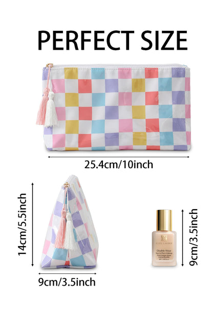 Red Checkered Vinyl Waterproof Tassel Zipper Makeup Bag