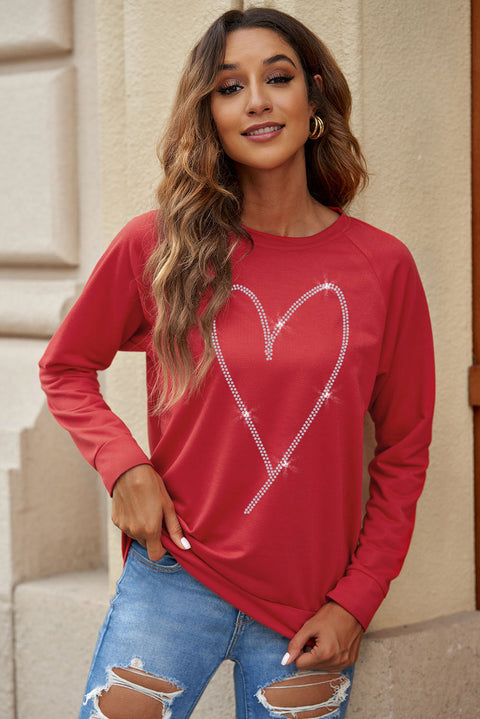 Rhinestone Heart Shaped Long Sleeve Sweatshirt