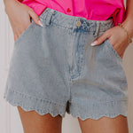 Dusk Blue Scalloped Hemline Acid Wash High Waist Denim Shorts