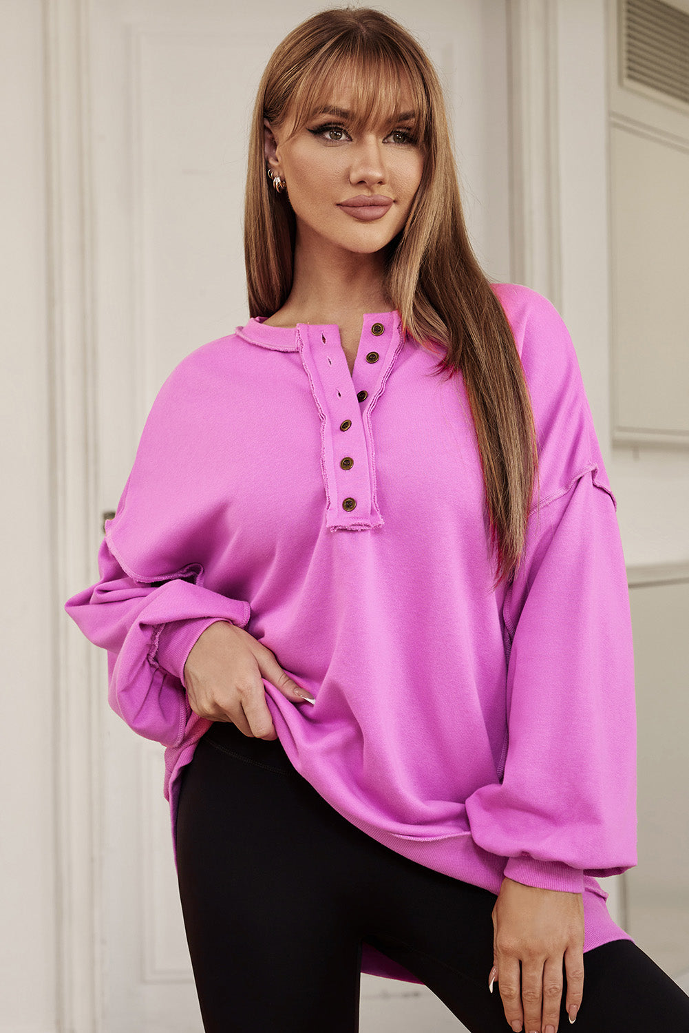 Purple Oversized Exposed Seam Henley Sweatshirt