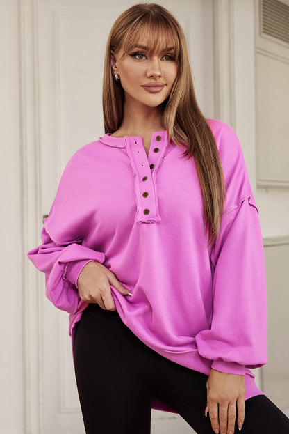 Purple Oversized Exposed Seam Henley Sweatshirt