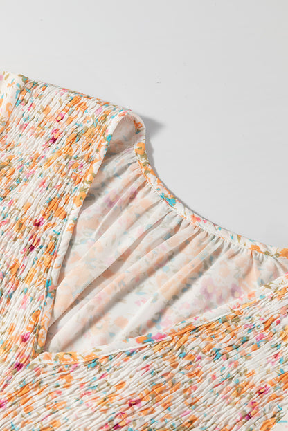 Mini-robe jaune style bohème à fleurs, col en V, volants, taille empire, manches longues