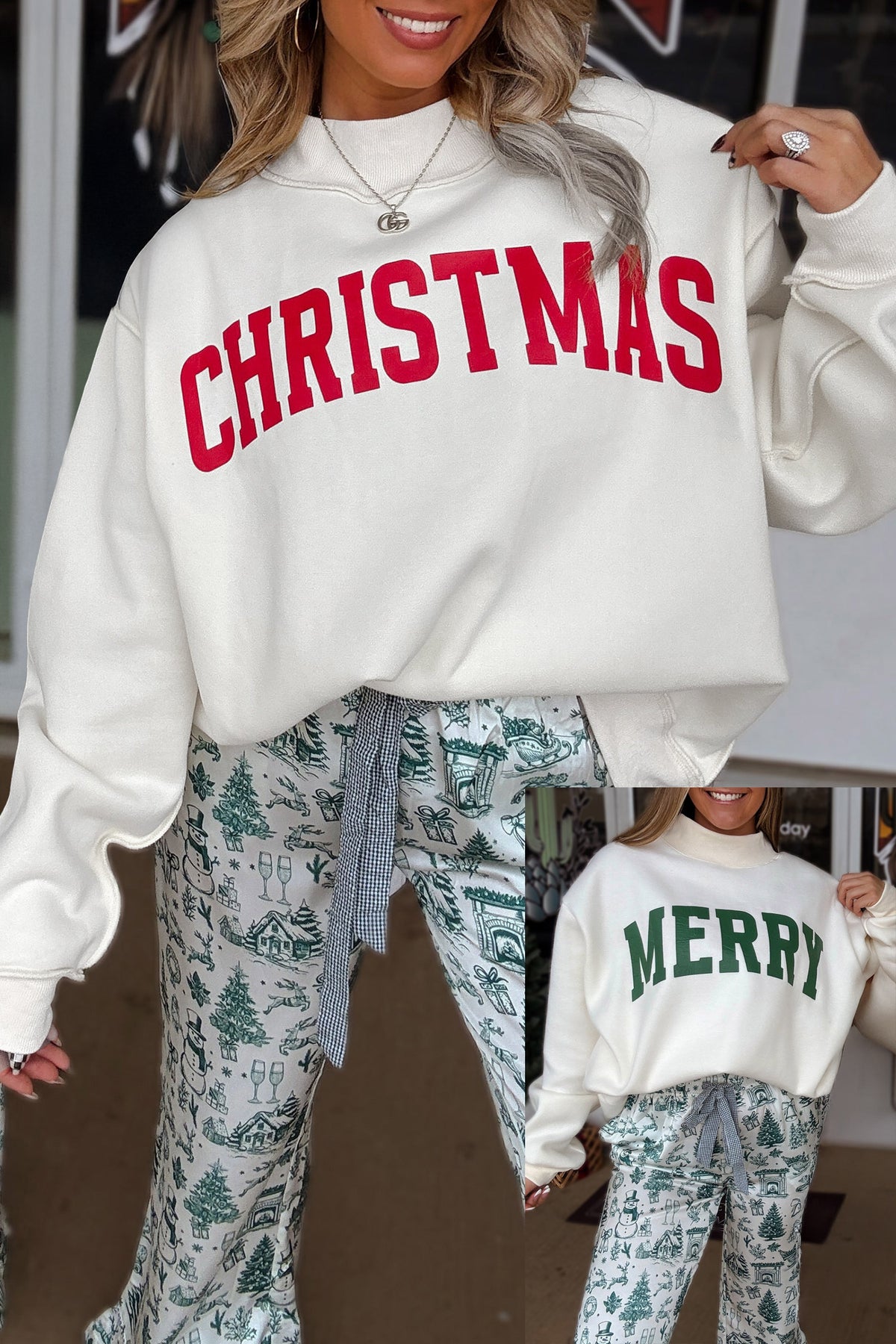 White MERRY/CHRISTMAS Reversible Print Mock Neck Baggy Pullover Sweatshirt