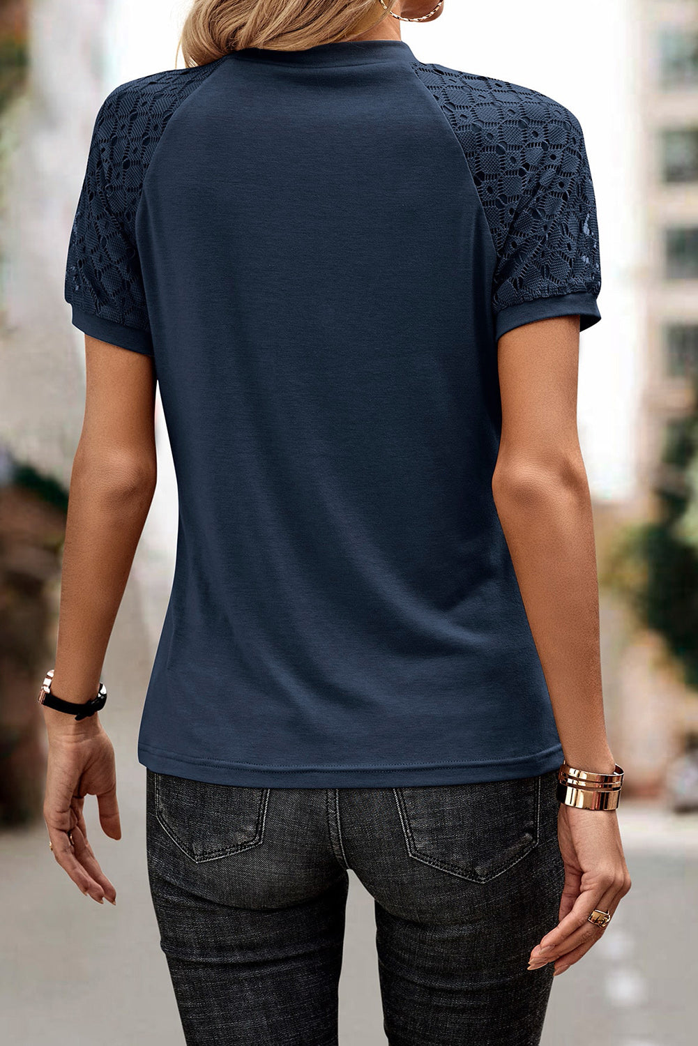 Navy Blue Seamed Detail Contrast Lace Raglan Sleeve Tee