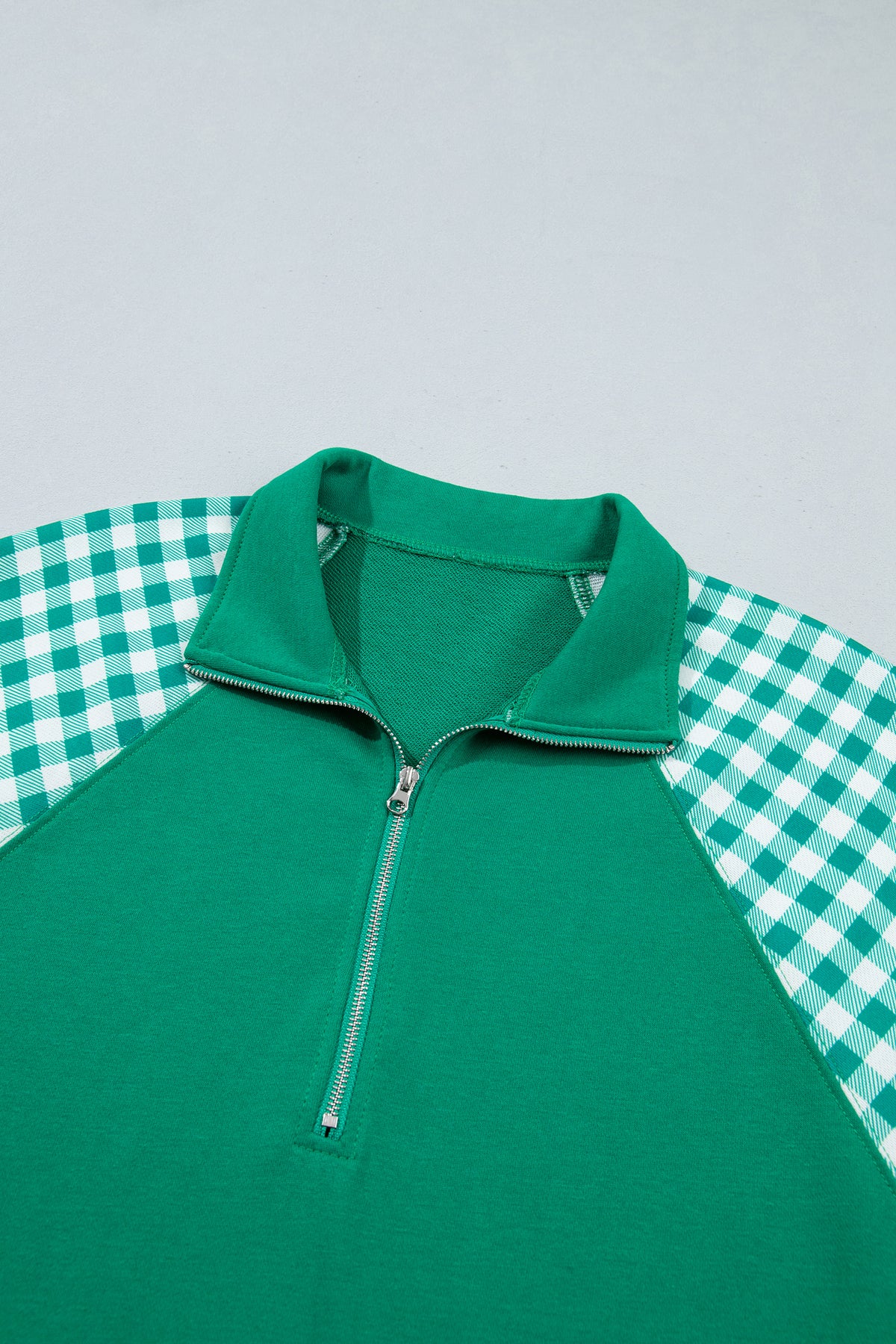Dark Green Patchwork Plaid Pocket Quarter Zip Sweatshirt