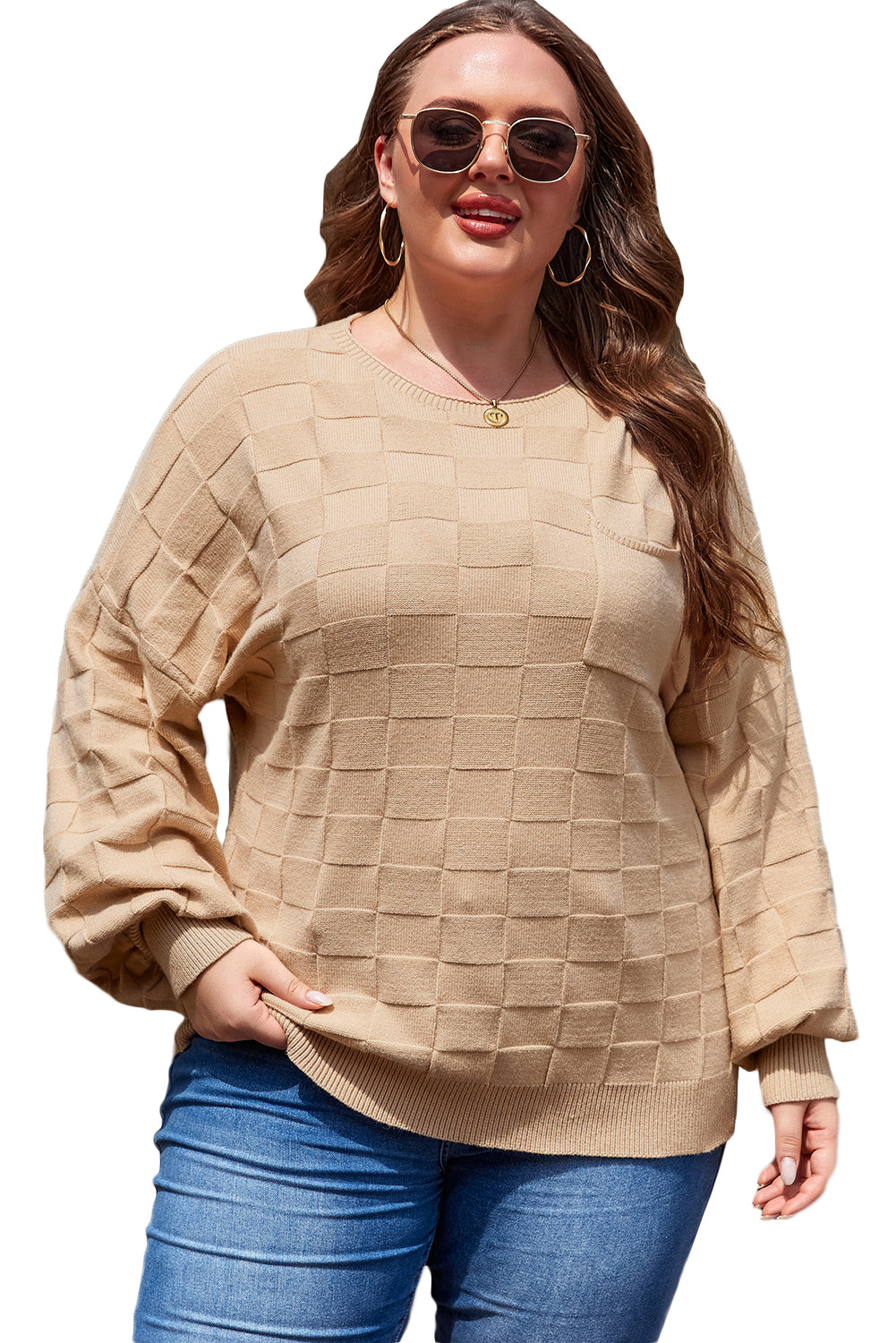 Pull en tricot texturé à carreaux uni beige clair grande taille
