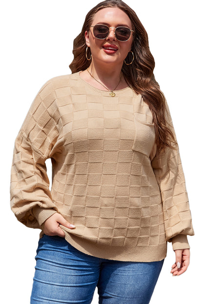 Pull en tricot texturé à carreaux uni beige clair grande taille