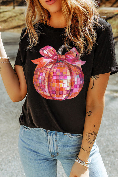 T-shirt ras du cou à motif citrouille et nœud noir pour Thanksgiving