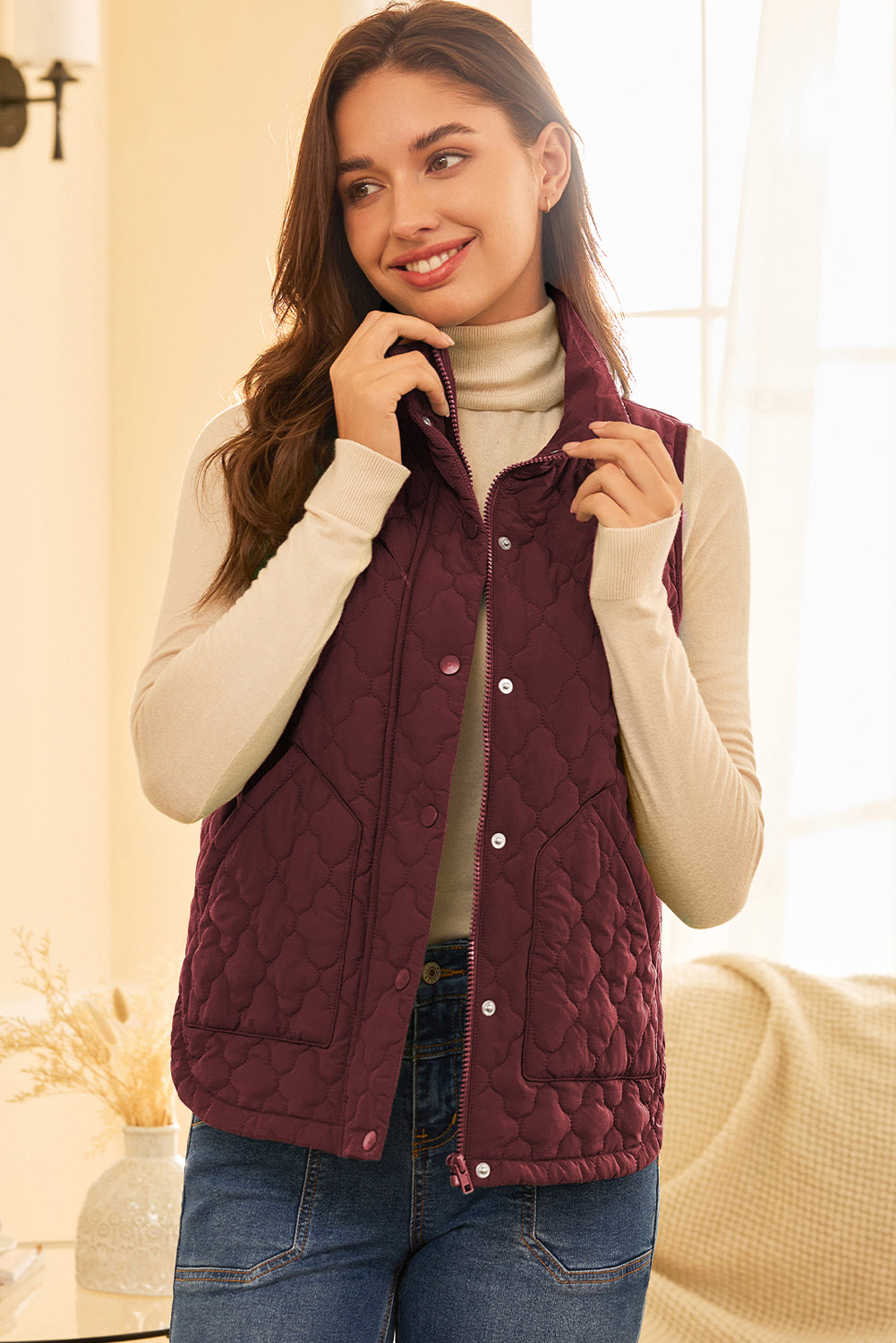 Wild Ginger Flower Shape Quilted Snap Button Zip Up Winter Vest