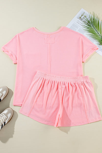Ensemble t-shirt et short côtelé rose grande taille à coutures apparentes