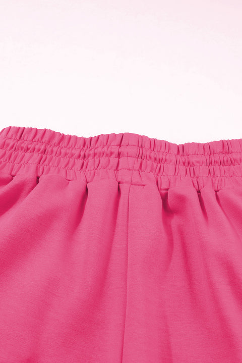 Rose Red Terry Knit Drawstring Smocked Waist Wide Leg Sweatpants