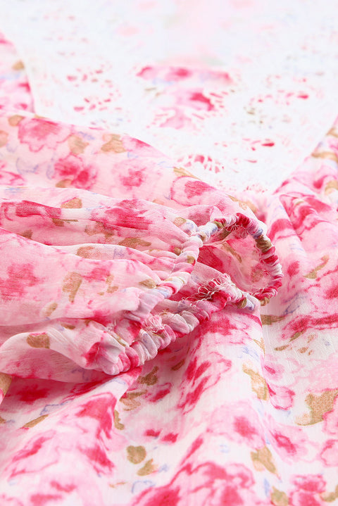 Floral Print Lace Patchwork V Neck Blouse