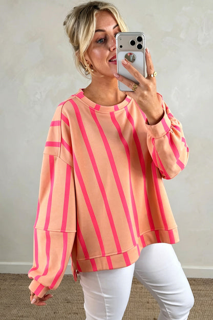 Pink Stripe Dropped Shoulder Round Neck Casual Sweatshirt