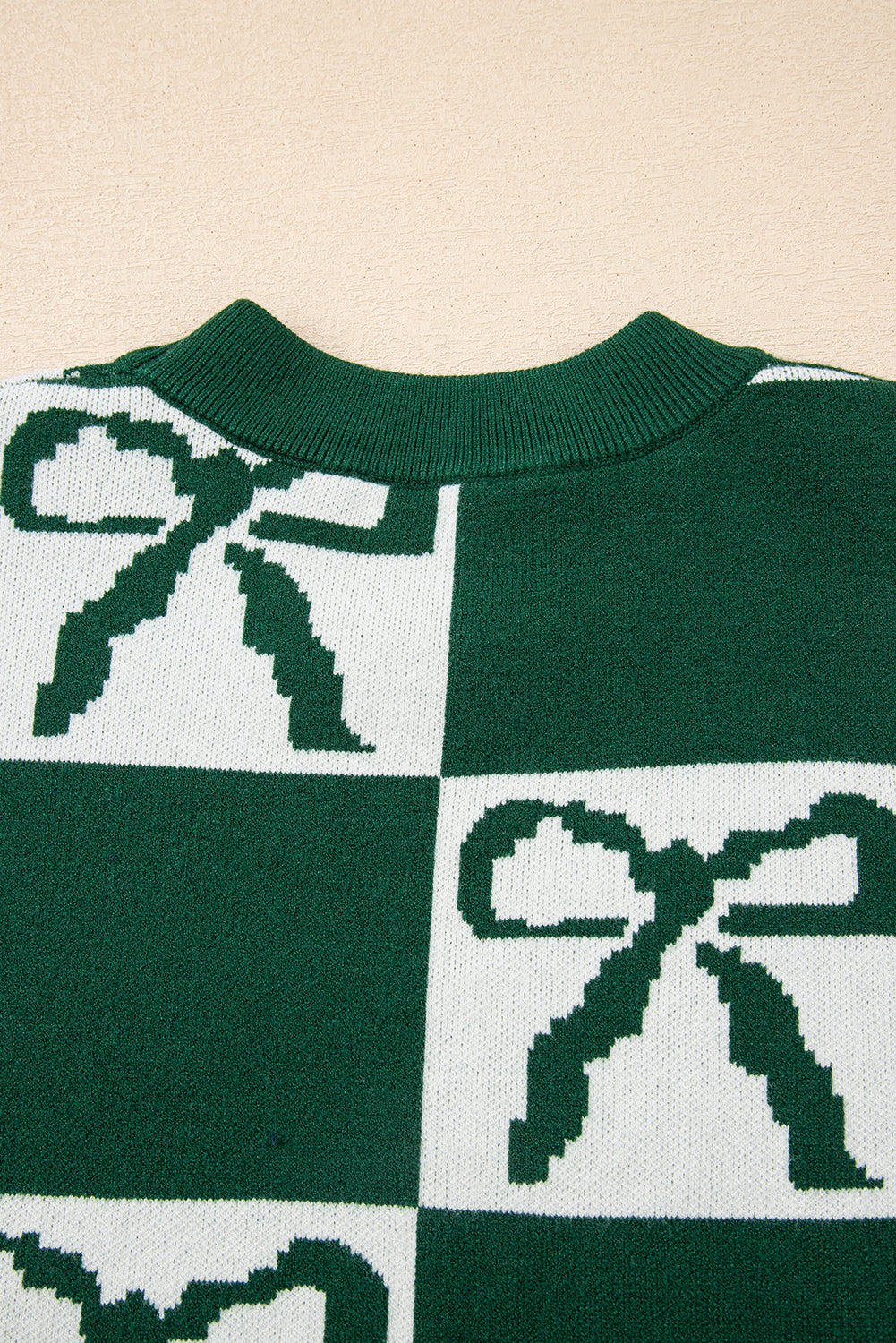 Blackish Green Checkered Bow Print Casual Sweater