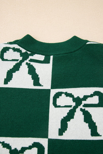 Blackish Green Checkered Bow Print Casual Sweater