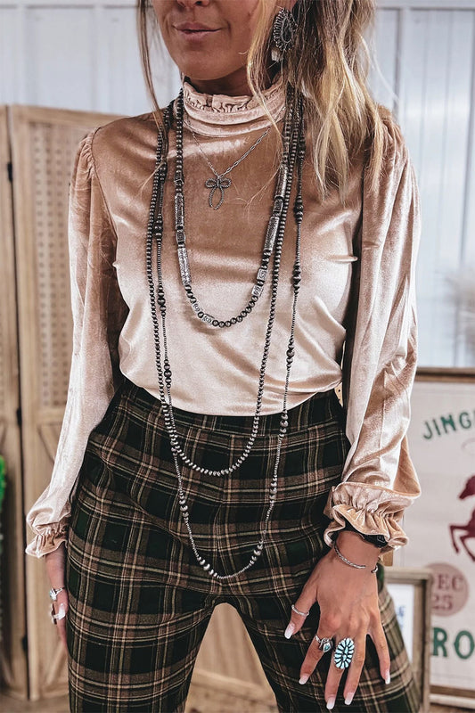 Smoke Gray Western Style Long Sleeve Stand Neck Velvet Top