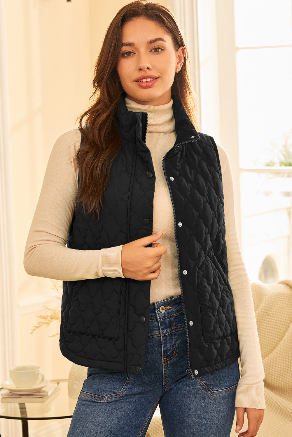 Black Flower Shape Quilted Snap Button Zip Up Winter Vest