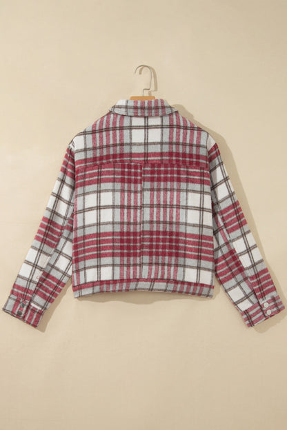 Red Plaid Flannel Metal Button Collar Long Sleeve Vintage Shift Jacket