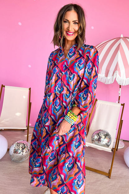 Multicolor Abstract Geometric Print Long Sleeve High Waist Dress