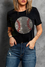 Black Rhinestone Baseball Pattern Round Neck T Shirt
