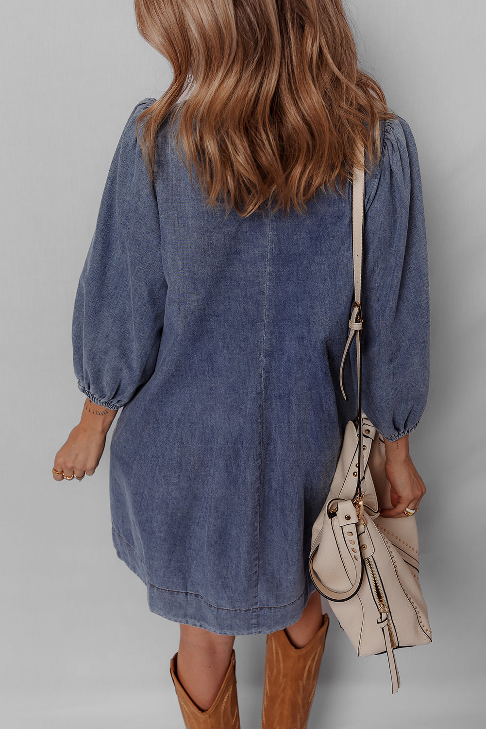 Sail Blue 3/4 Sleeve Tied V Neck Pleated Denim Mini Dress Sail Blue / S / 100%Cotton