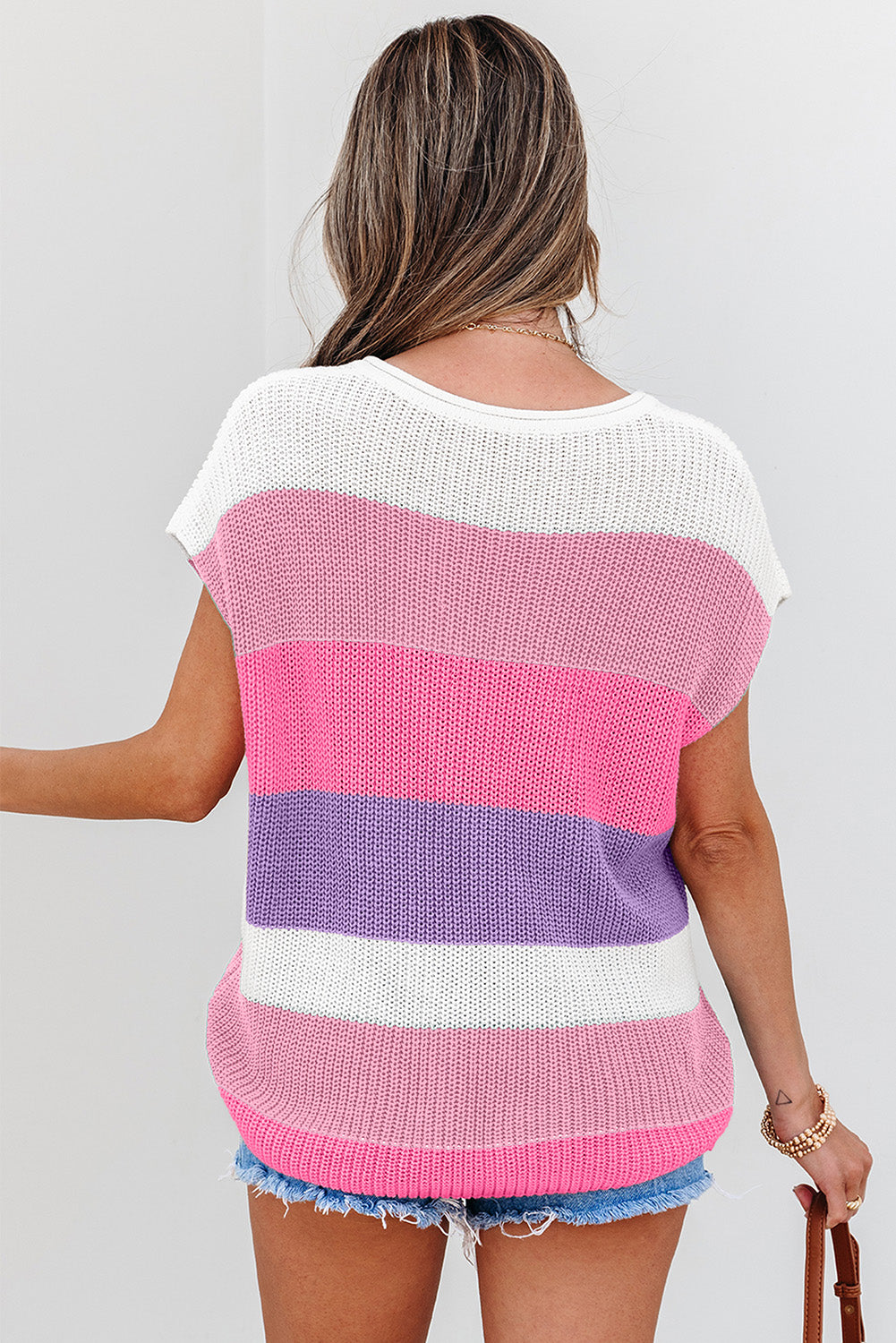 Pink Color Block Notch V Neck Sweater T Shirt