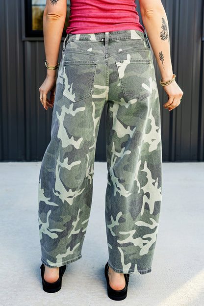Green Camo Print Button Fly Straight Leg Ankle Length Jeans
