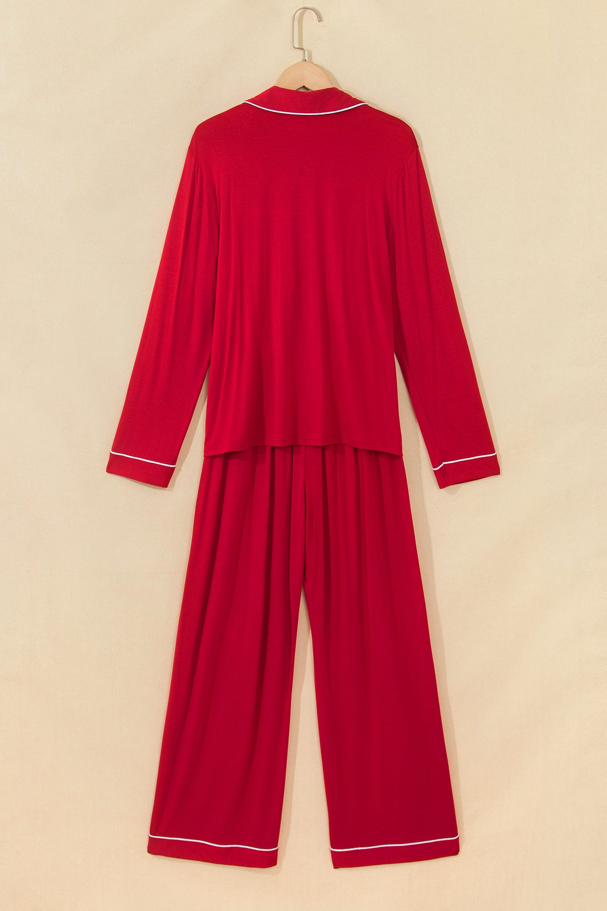Racing Red Bow Pocket Detail Long Sleeve Shirt 2pcs Pajama Set