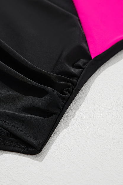 Maillot de bain une pièce à découpes croisées et colorblock rouge rose