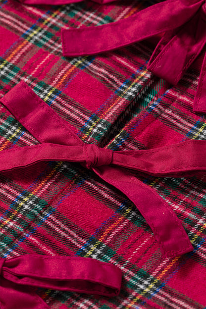 Red Plaid Tie Neck Ruffle Cuffs Long Sleeve Shift Blouse