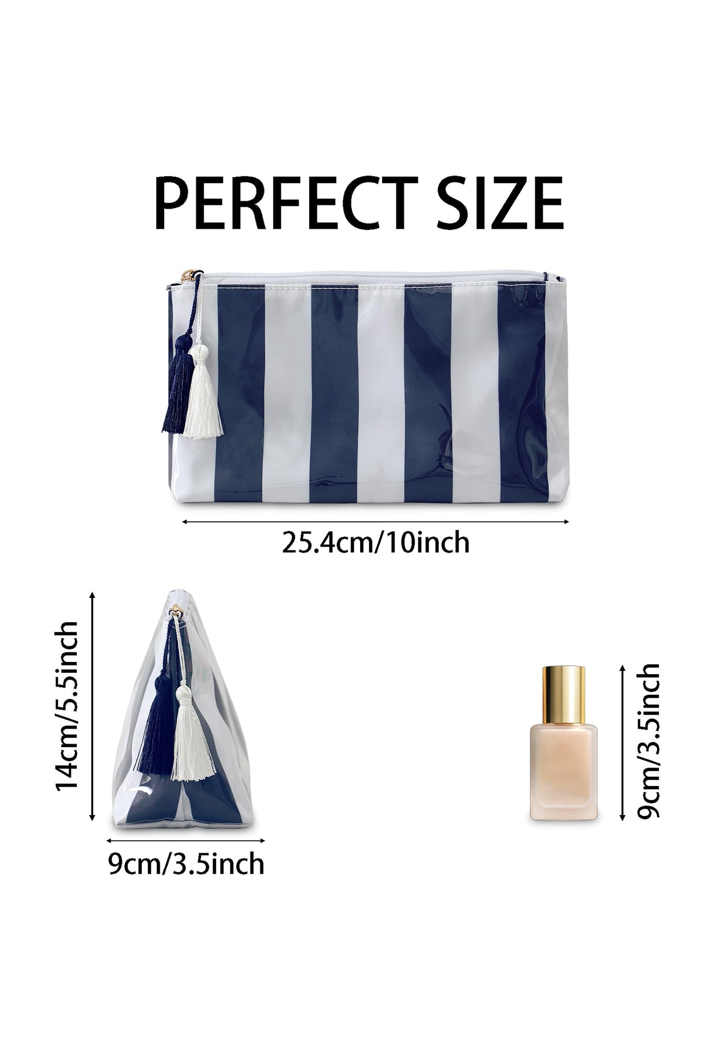 Navy Blue Striped Vinyl Waterproof Tassel Zipper Makeup Bag