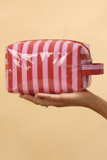 Fiery Red PVC Striped Cosmetic Bag Durable Zipper Handle Travel Organizer