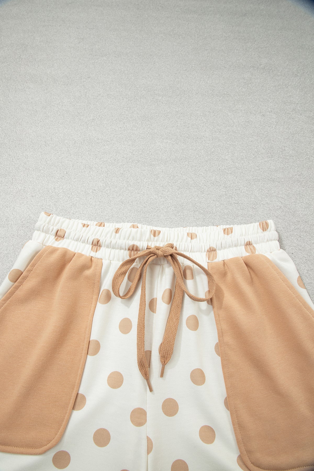 Khaki Polka Dot Drop Shoulder Polo Loose Pullover Patch Pocket Casual Shorts Set