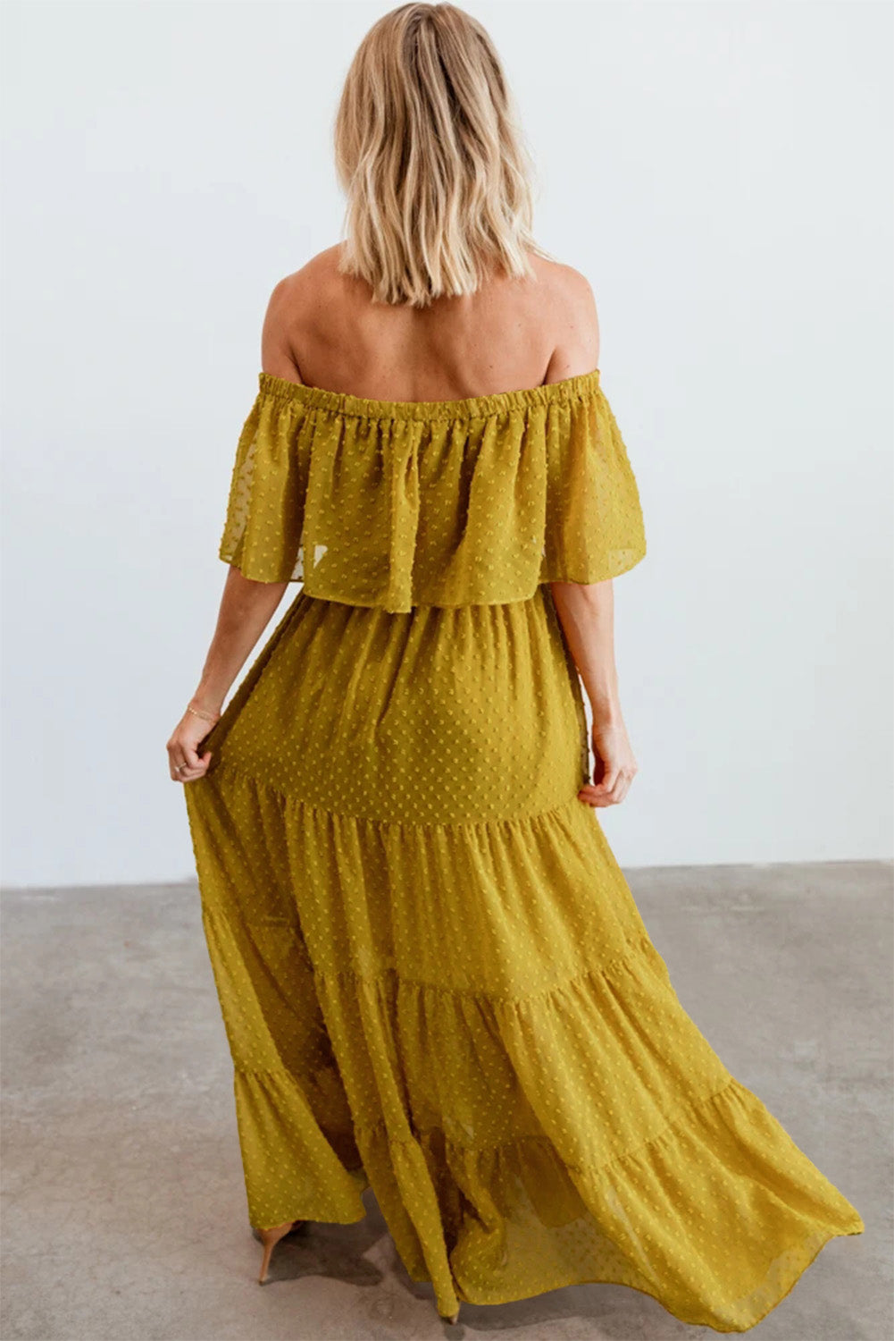 Yellow Yellow Off Shoulder Ruffle Swiss Dot Maxi Dress