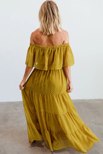 Yellow Yellow Off Shoulder Ruffle Swiss Dot Maxi Dress