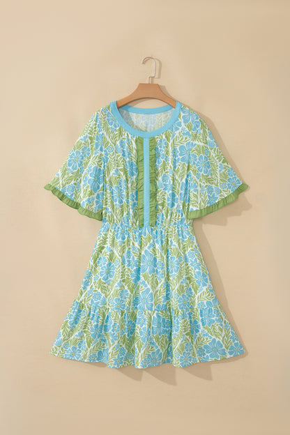 Sky Blue Floral Print High Waist Ruffle Short Sleeve Mini Dress