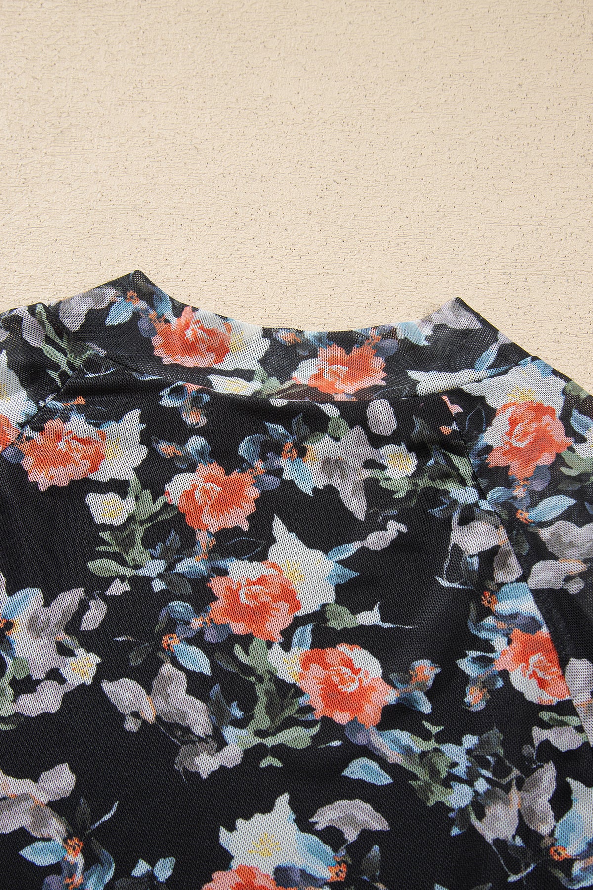 Black Floral Print Mesh Thumb Hole Long Sleeve Pullover Top