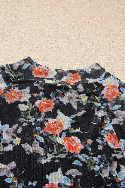 Black Floral Print Mesh Thumb Hole Long Sleeve Pullover Top