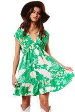 Green Floral Sleeveless V Neck Ruffled Hem Mini Dress