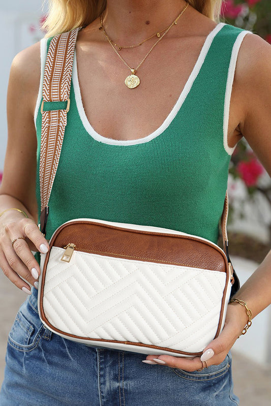 White Quilted Contrast Color Square Crossbody Shoulder Bag