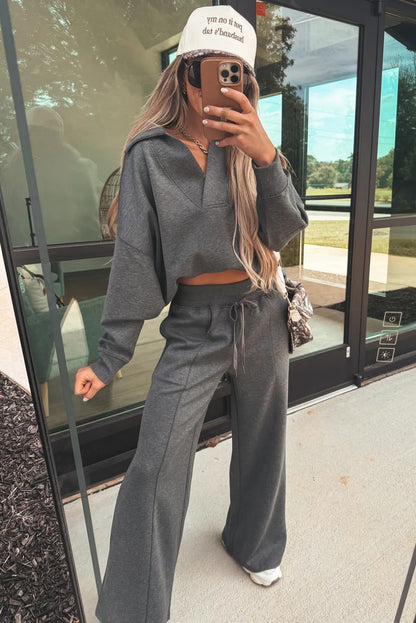 Bristol Black Collared V Neck Pullover Sweatshirt Sweatpants Set