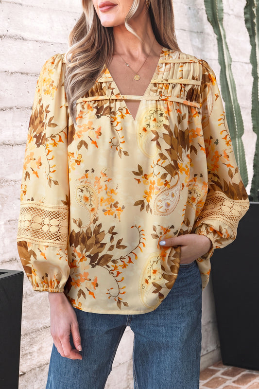 Khaki Paisley Print Decorative Binding Tape V Neck Shift Blouse