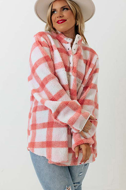 Sudadera Sherpa Henley a cuadros tipo túnica rosa de talla grande 