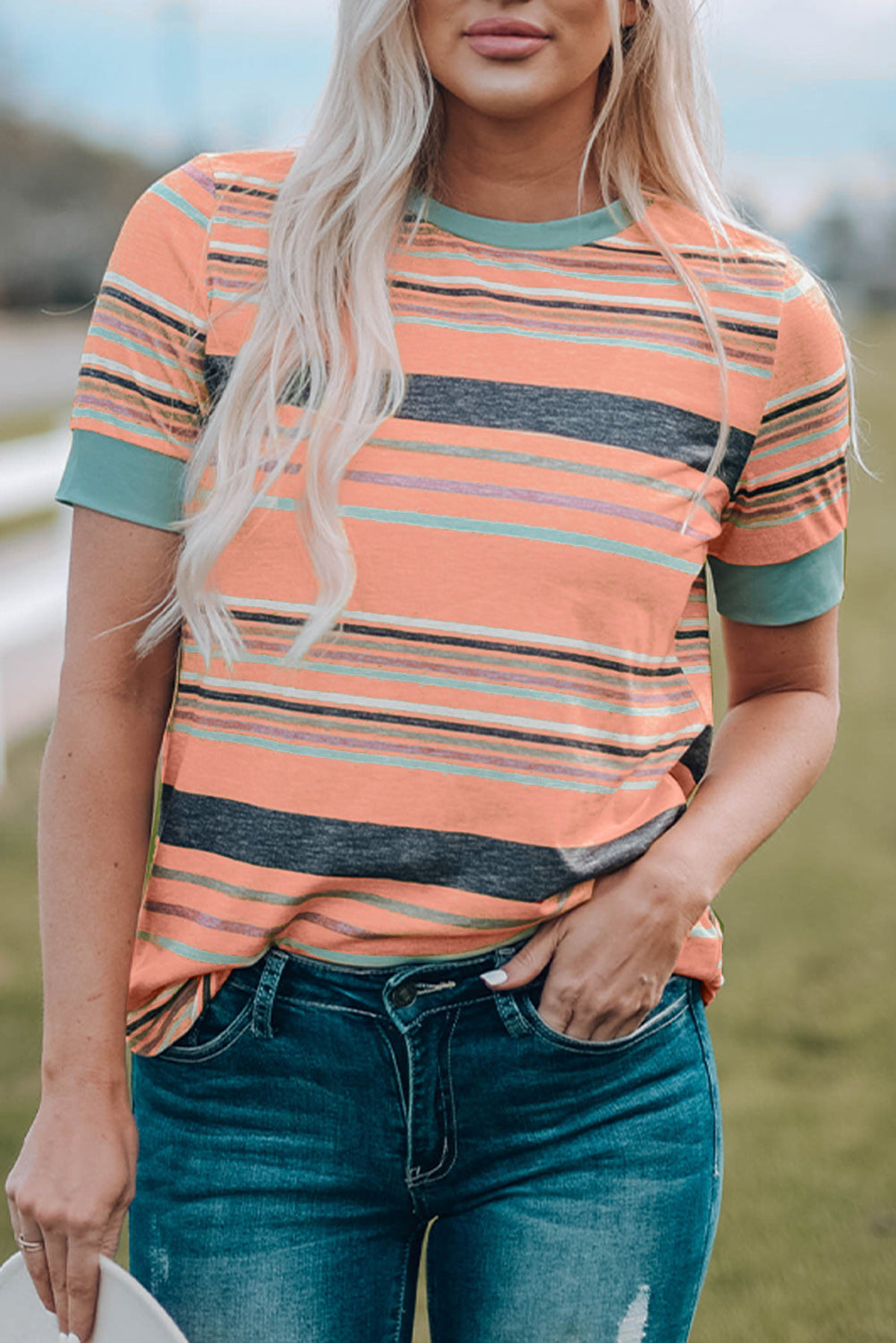 Pink Multicolor Stripes Crew Neck T Shirt