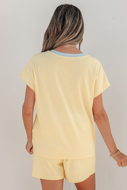 Yellow Cream Soft Ribbed Color Block Trim Casual Short Set