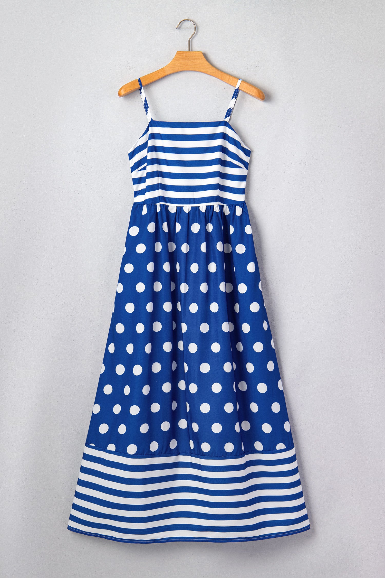 Blue Striped Polka Dot Patchwork High Waist Spaghetti Straps Maxi Dress Blue / M / 100%Polyester