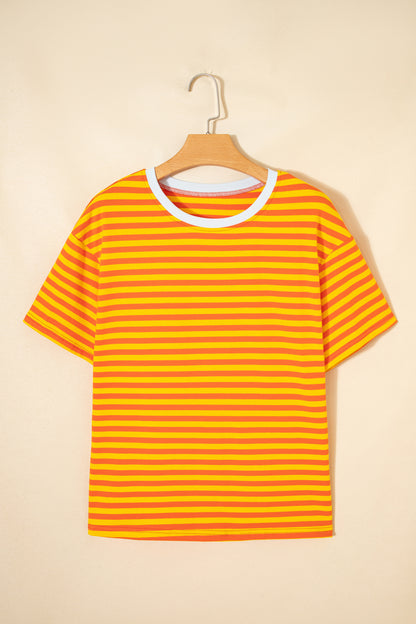 Sky Blue Stripe Contrast Crew Neck Drop Shoulder Loose Tee